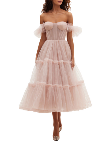 Ruffled Tulle Midi Dress Pink