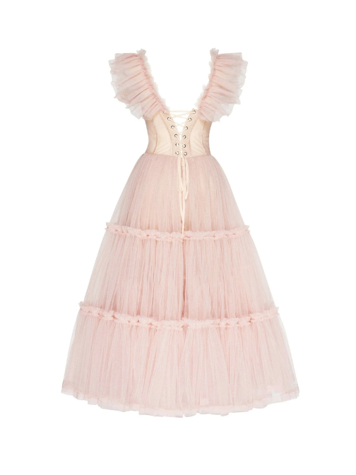 Ruffled Tulle Midi Dress Pink