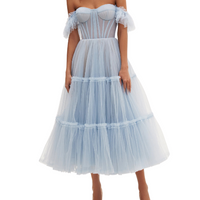 Ruffled Tulle Midi Dress Blue