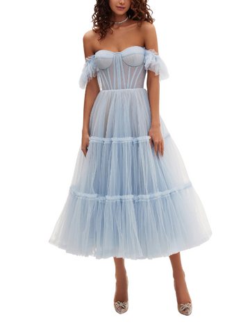 Ruffled Tulle Midi Dress Blue