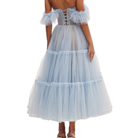 Ruffled Tulle Midi Dress Blue