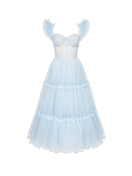 Ruffled Tulle Midi Dress Blue