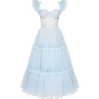 Ruffled Tulle Midi Dress Blue