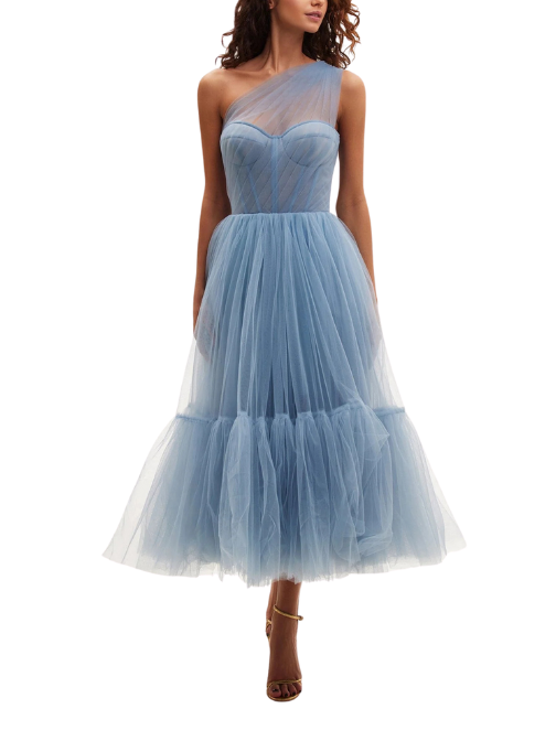 One-Shoulder Cocktail Tulle Dress Blue