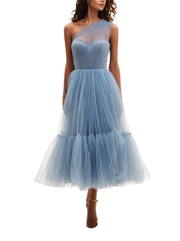 One-Shoulder Cocktail Tulle Dress Blue