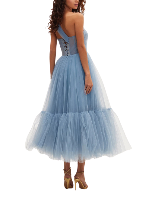 One-Shoulder Cocktail Tulle Dress Blue