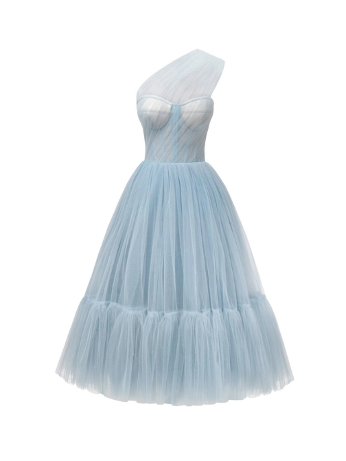 One-Shoulder Cocktail Tulle Dress Blue