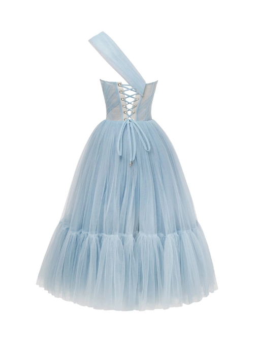 One-Shoulder Cocktail Tulle Dress Blue