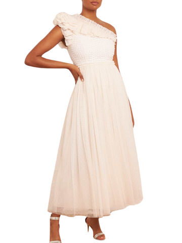 Raindrop Bodice One-Shoulder Ankle Gown Champagne
