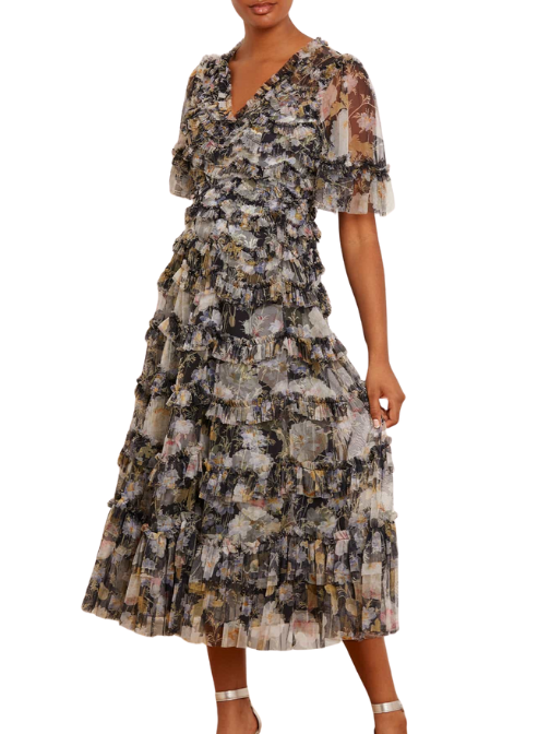 Moonlight Petals floral-print tulle midi dress Black