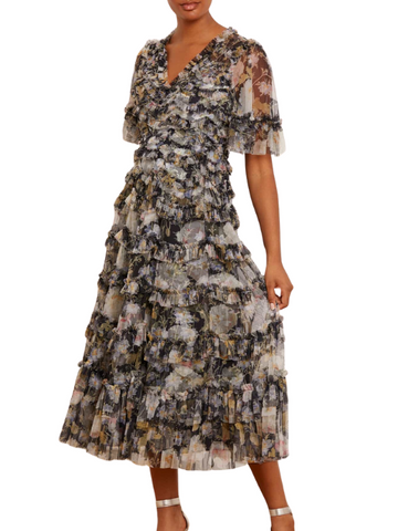 Moonlight Petals floral-print tulle midi dress Black