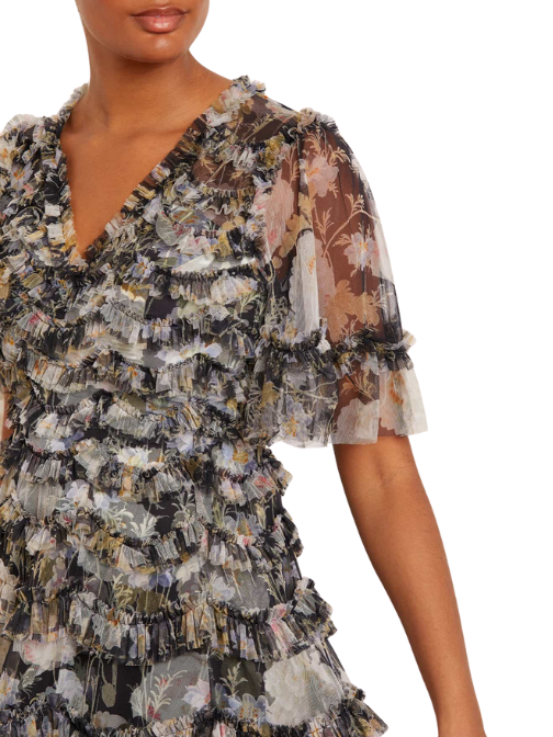 Moonlight Petals floral-print tulle midi dress Black