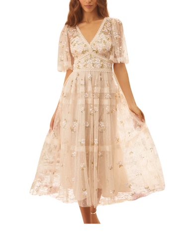 Shimmer Primrose Midi Dress Champagne