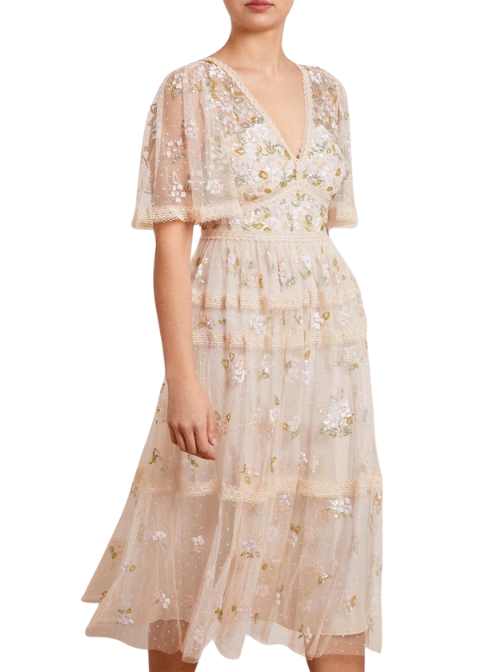 Shimmer Primrose Midi Dress Champagne