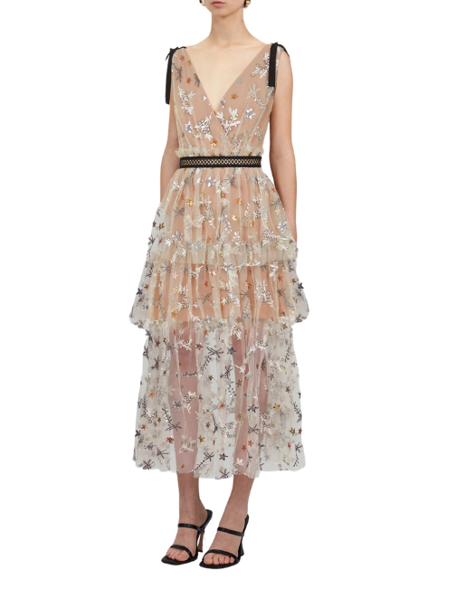 Star Mesh Midi Dress Beige