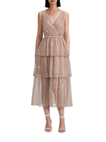Tan Grid Sequin Tiered Midi Dress Beige