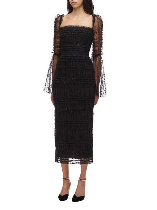 Black Dot Mesh Midi Dress Black