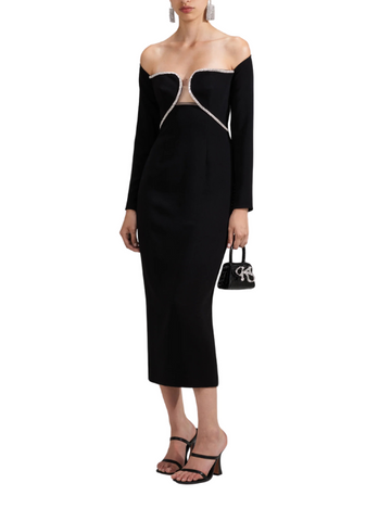 BLACK OFF SHOULDER HEAVY CREPE MIDI DRESS Black