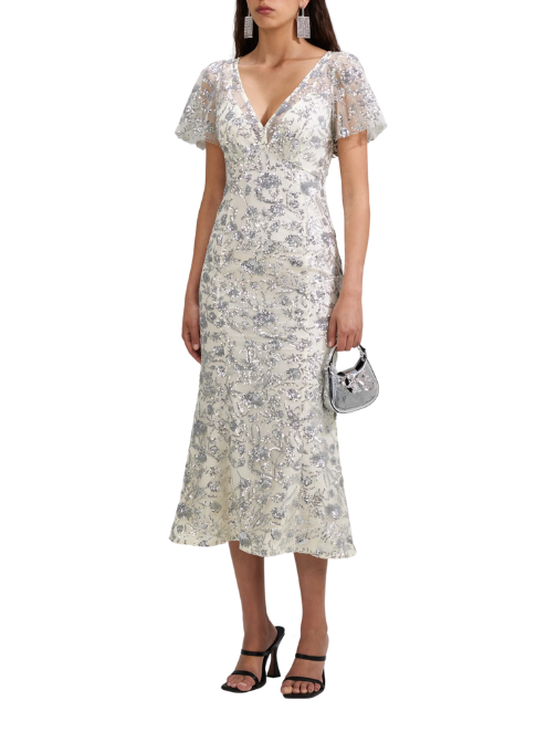 CHAMPAGNE SEQUINNED MIDI DRESS Silver