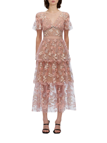 FLOWER MESH TIERED MIDI DRESS Pink