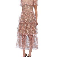 FLOWER MESH TIERED MIDI DRESS Pink