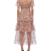 FLOWER MESH TIERED MIDI DRESS Pink