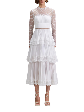 WHITE CHIFFON TIERED MIDI DRESS White