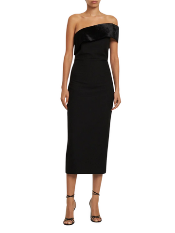 Asymmetric Stretch Cady Midi Dress Black
