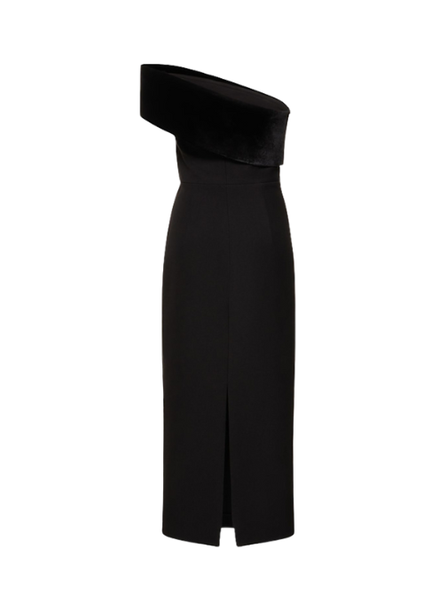 Asymmetric Stretch Cady Midi Dress Black