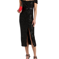 One-Shoulder Draped Sequined Tulle Midi Dress Black