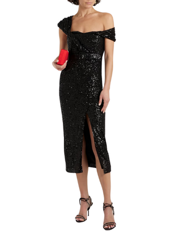 One-Shoulder Draped Sequined Tulle Midi Dress Black