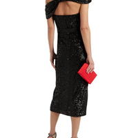 One-Shoulder Draped Sequined Tulle Midi Dress Black