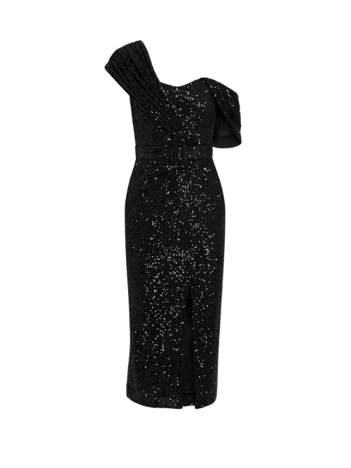 One-Shoulder Draped Sequined Tulle Midi Dress Black