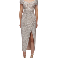 Sequin Off Shoulder Wrap Midi Dress Gold