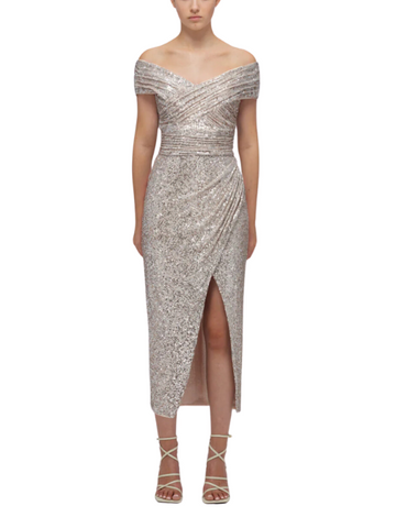 Sequin Off Shoulder Wrap Midi Dress Gold