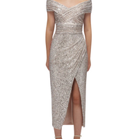 Sequin Off Shoulder Wrap Midi Dress Gold