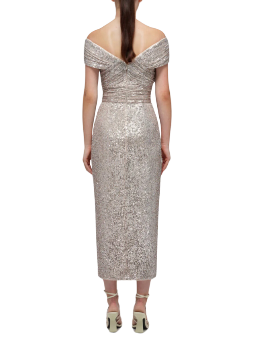 Sequin Off Shoulder Wrap Midi Dress Gold