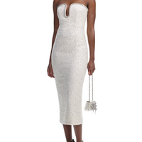 Sequin Boucle Strapless Midi Dress White