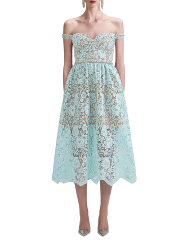 Cord Lace Diamante Midi Dress Blue