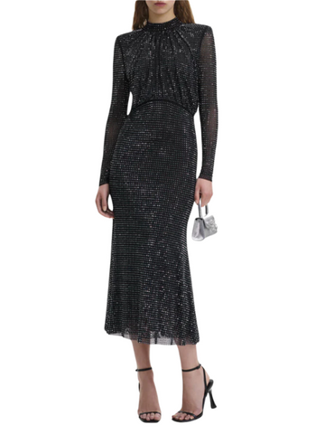 Rhinestone Mesh Long Sleeve Midi Dress Black