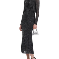 Rhinestone Mesh Long Sleeve Midi Dress Black