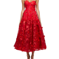 Harissa Dropped Waist Strapless Tea Length Midi Dress Red