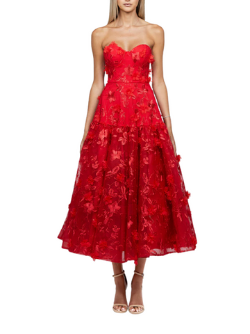 Harissa Dropped Waist Strapless Tea Length Midi Dress Red