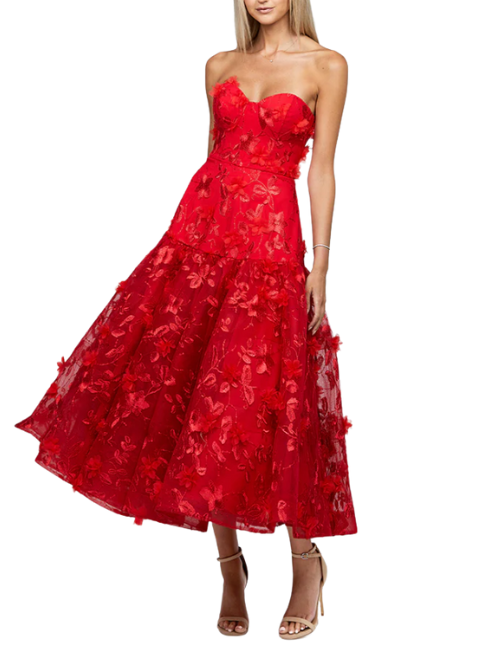Harissa Dropped Waist Strapless Tea Length Midi Dress Red