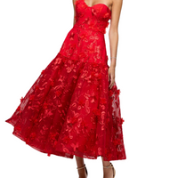Harissa Dropped Waist Strapless Tea Length Midi Dress Red