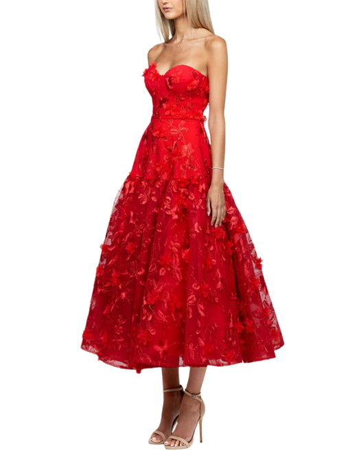 Harissa Dropped Waist Strapless Tea Length Midi Dress Red