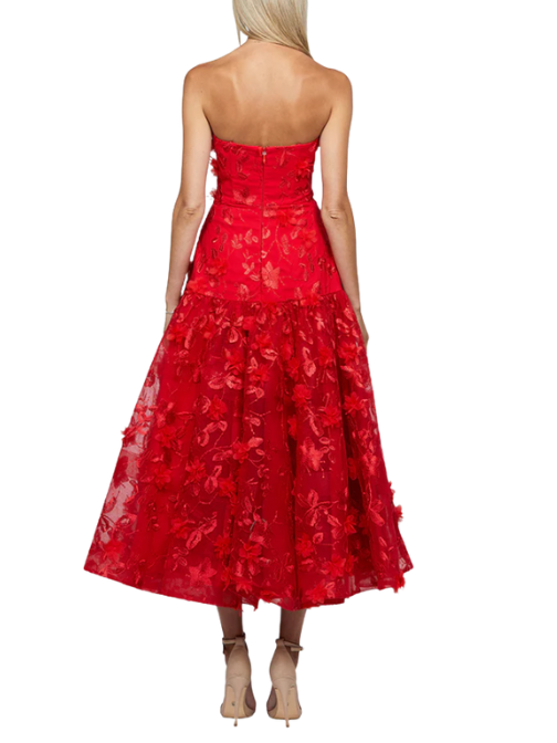 Harissa Dropped Waist Strapless Tea Length Midi Dress Red