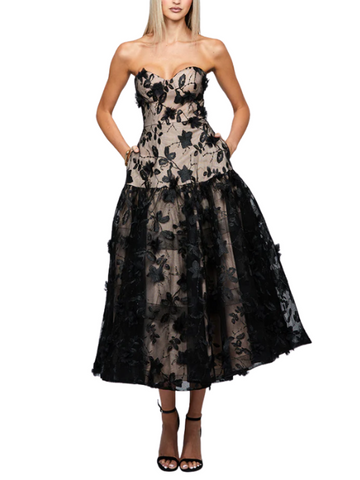 Harissa Dropped Waist Strapless Tea Length Midi Dress Black