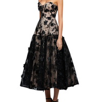 Harissa Dropped Waist Strapless Tea Length Midi Dress Black