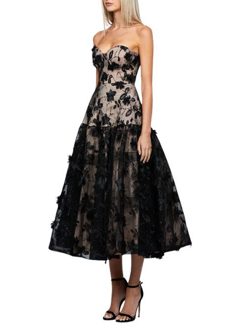 Harissa Dropped Waist Strapless Tea Length Midi Dress Black